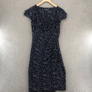 Lauren Ralph Lauren Dress Womens 4 Navy Dotted Sheath Faux Wrap Ruched Surplice